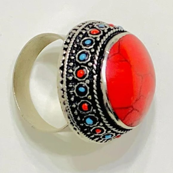 Adjustable Handmade Coral Stones Beads Round Ring, Handmade Kuchi Ring - Picture 3 of 6